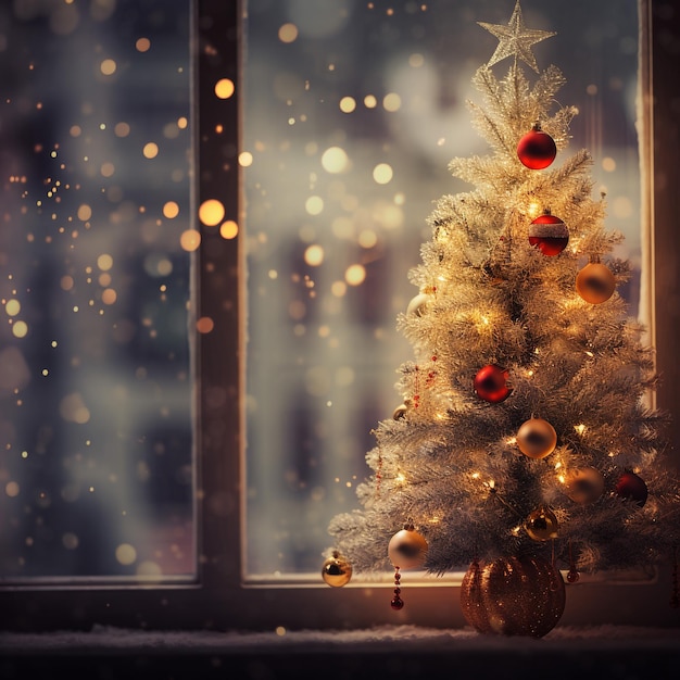 Árbol de Navidad frente a una ventana con bokeh