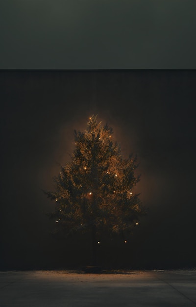 Árbol de Navidad con una guirnalda sobre un fondo gris por la noche