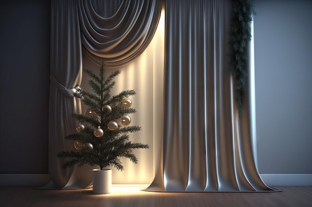 Árbol de navidad en la habitación con cortinas Ilustración generativa de IA