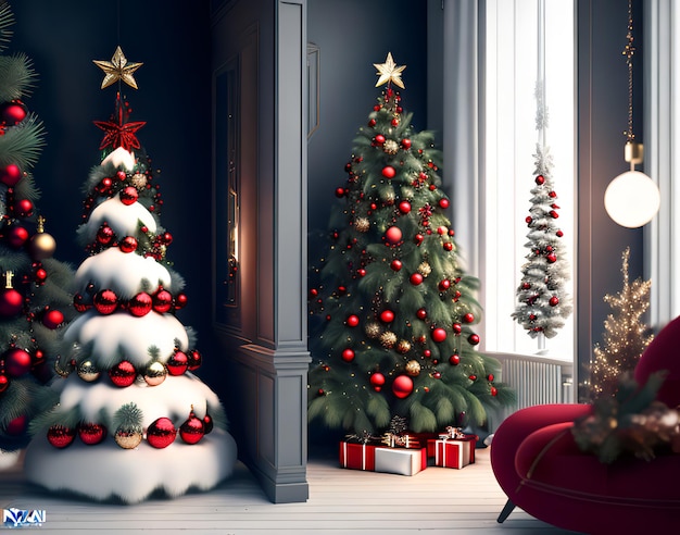 Árbol de Navidad en una habitación oscura con una silla roja y una silla roja con un cojín rojo.