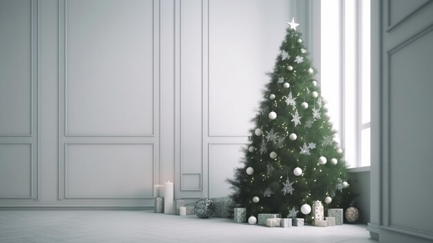 Árbol de Navidad en una habitación con velas y una pared blanca.