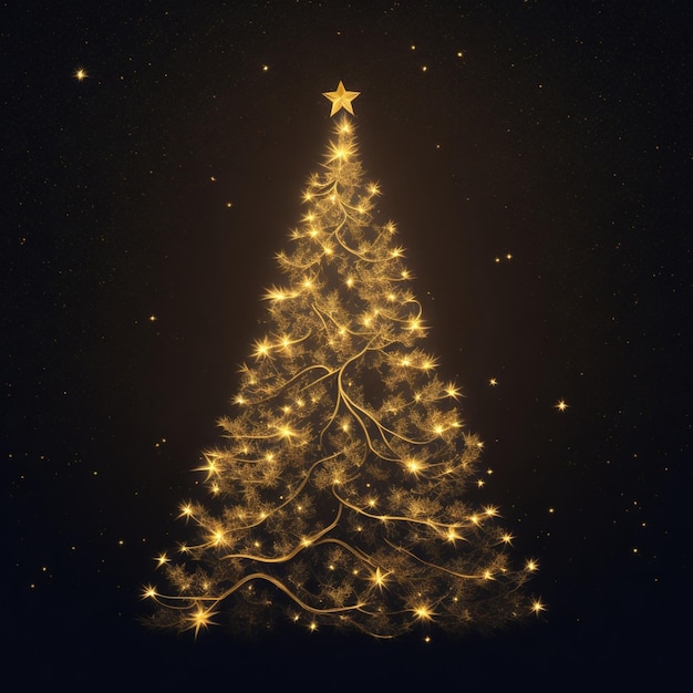 Árbol de Navidad hecho de luces doradas sobre fondo negro