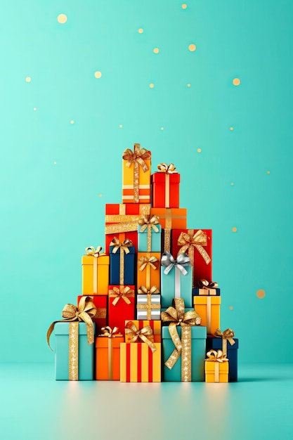 Árbol de Navidad hecho de regalos en fondo azul con confeti dorado IA generativa