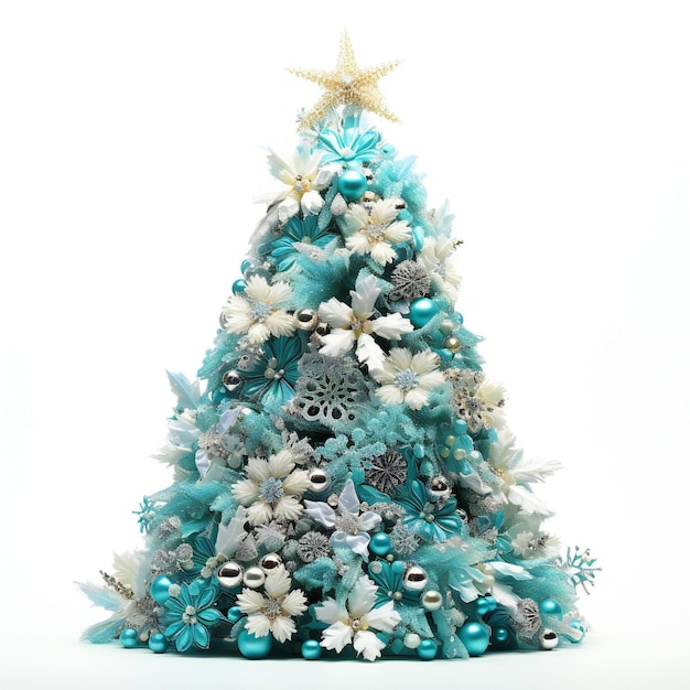 Árbol de Navidad hecho de tela turquesa y azul sobre fondo blanco