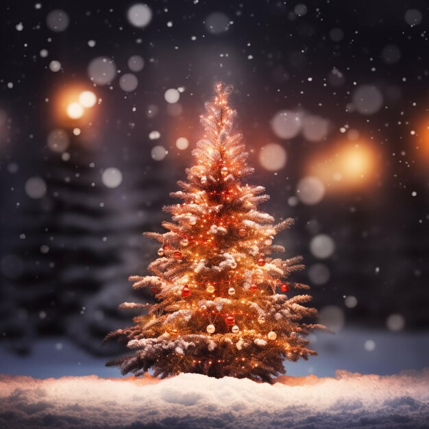 Árbol de Navidad con iluminación y fondo borroso de nieve IA generativa