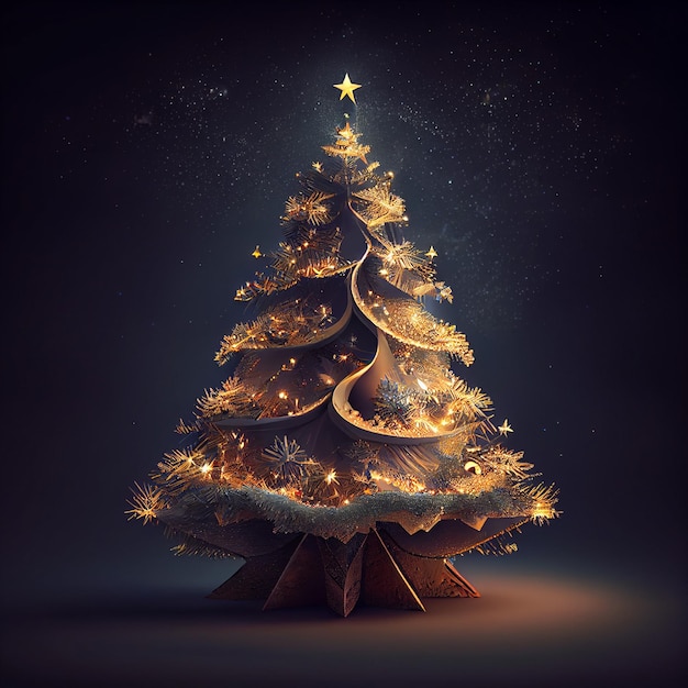 Árbol de Navidad iluminado y decorado 3D Render ilustración