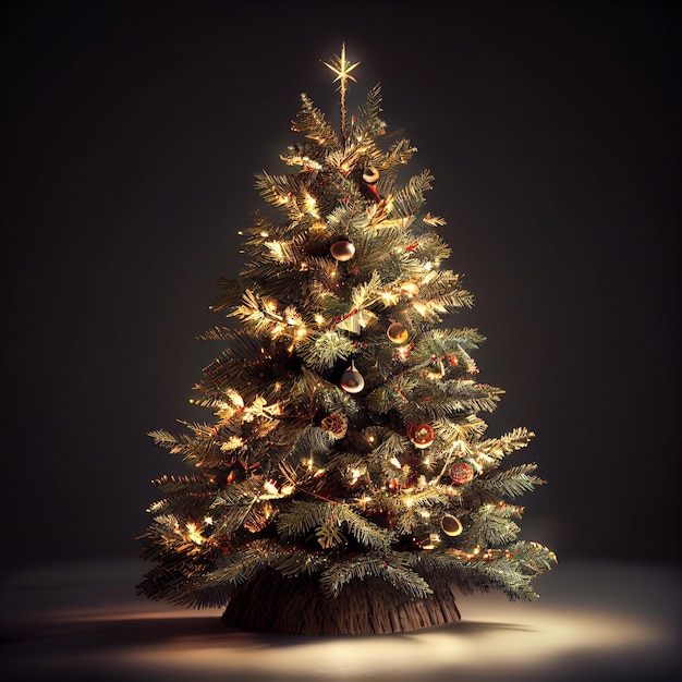 Árbol de Navidad iluminado y decorado 3D Render ilustración