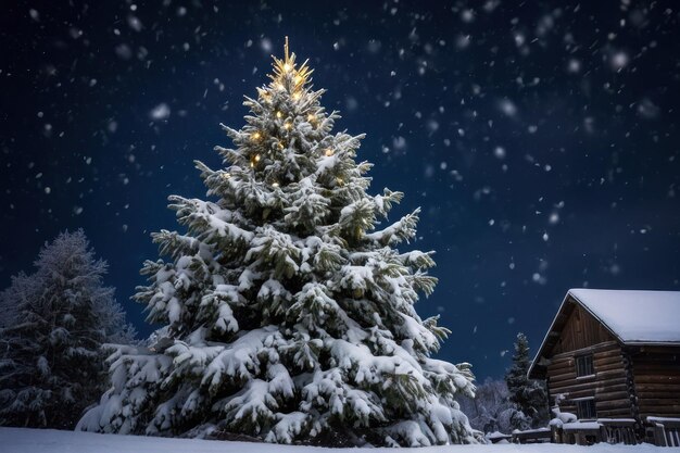 Árbol de Navidad iluminado en una noche nevada