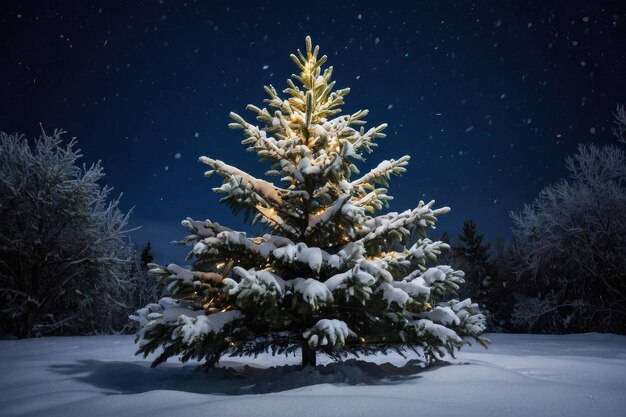 Árbol de Navidad iluminado en una noche nevada