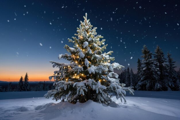 Árbol de Navidad iluminado en una noche nevada