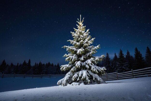 Árbol de Navidad iluminado en una noche nevada