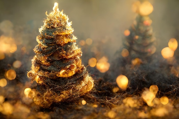 Árbol de navidad con imagen de color dorado y verde con guirnalda