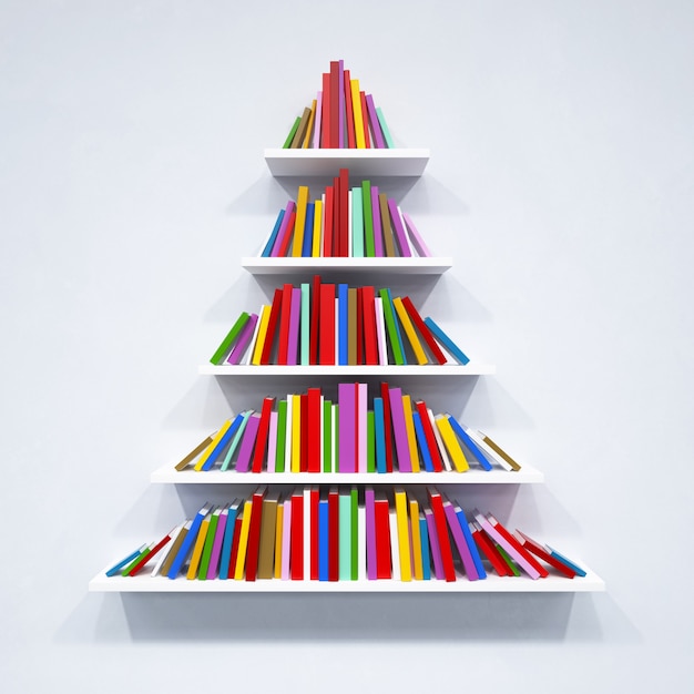 Árbol de Navidad de libros en el estante en representación 3d