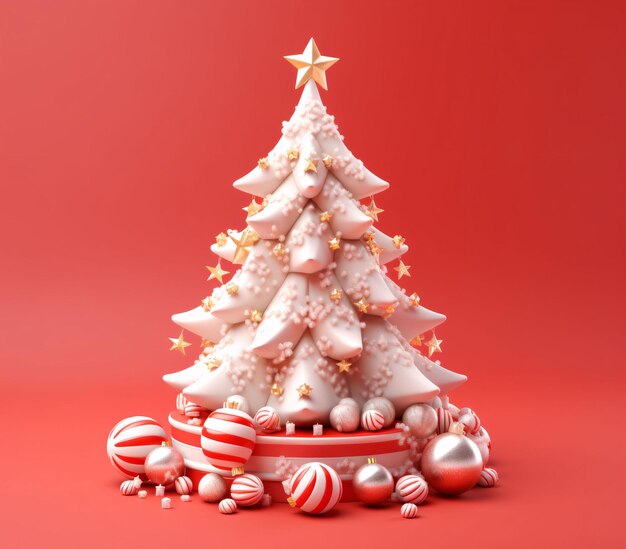 Árbol de Navidad lindo y 3D con cajas de regalo y decoraciones en rojo y dorado IA generativa