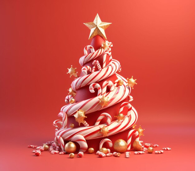 Árbol de Navidad lindo y 3D con cajas de regalo y decoraciones en rojo y dorado IA generativa