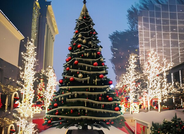 Árbol de Navidad con luces al aire libre por la noche en la Catedral de Sofía de Kiev en la celebración del Año Nuevo de fondo