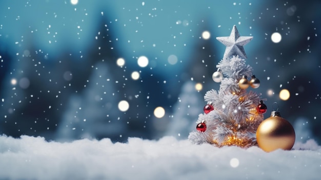 Árbol de Navidad en luces brillantes borrosas en la cima de la nieve del concepto de Nochebuena de fondo de montaña borrosa