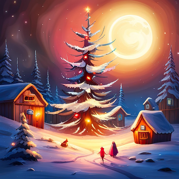 Árbol de Navidad con luces y regalos en un pueblo