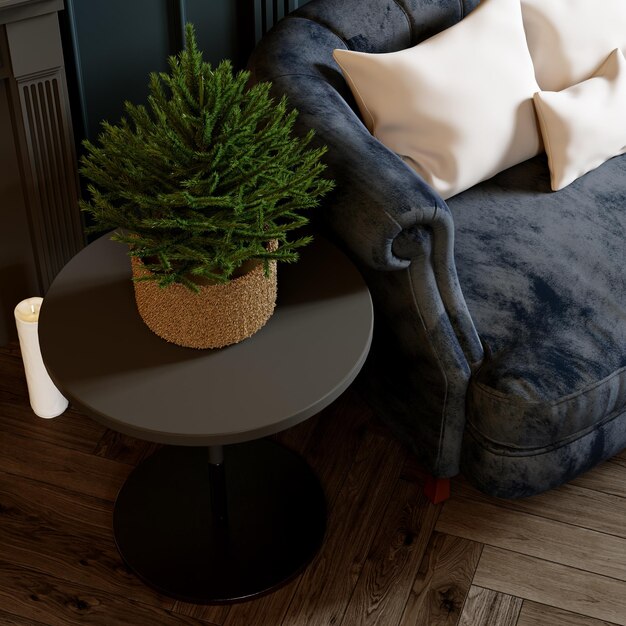 Árbol de navidad en una maceta en el interior de la sala de estar 3D rendering