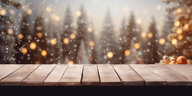 Árbol de navidad en una mesa de madera con nieve y nieve cayendo al suelo