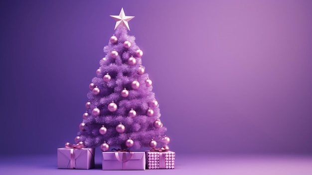 Árbol de Navidad morado con una estrella sobre fondo morado.