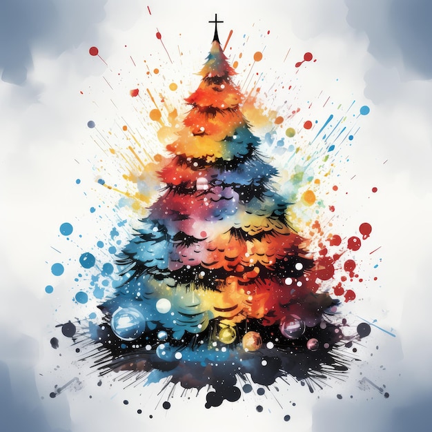 Árbol de Navidad multicolor de acuarela con salpicaduras de pintura en un fondo blanco