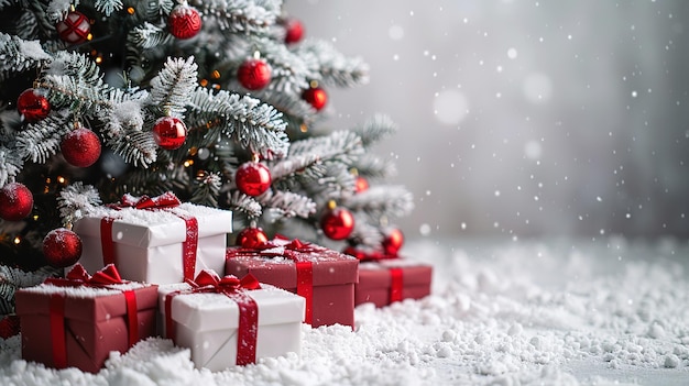 Árbol de Navidad nevado con regalos rojos y blancos Concepto de vacaciones en fondo blanco