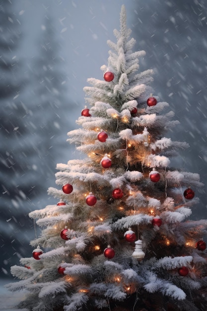 Árbol de navidad con nieve de cerca