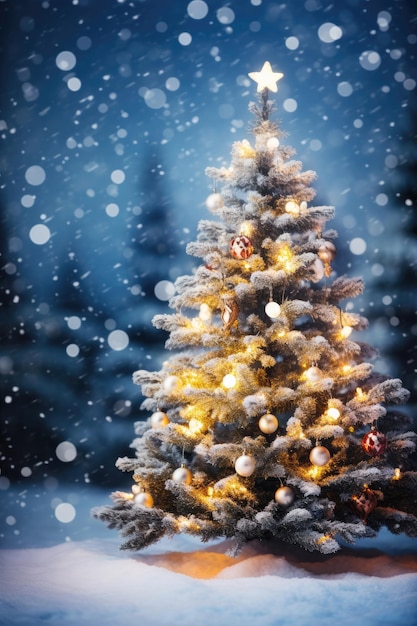 Árbol de navidad con nieve de cerca