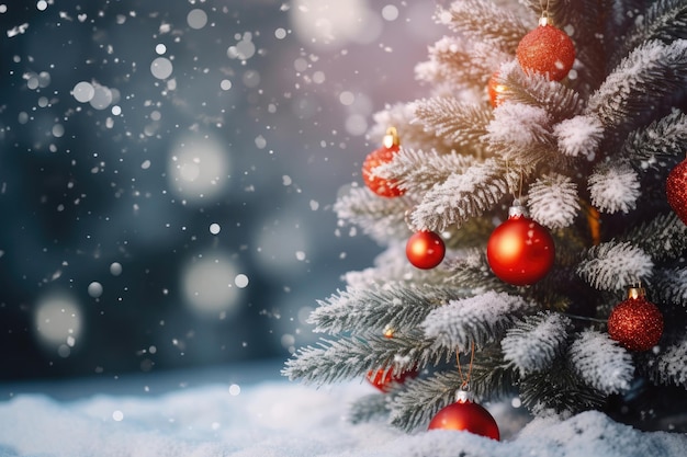 Árbol de navidad con nieve de cerca