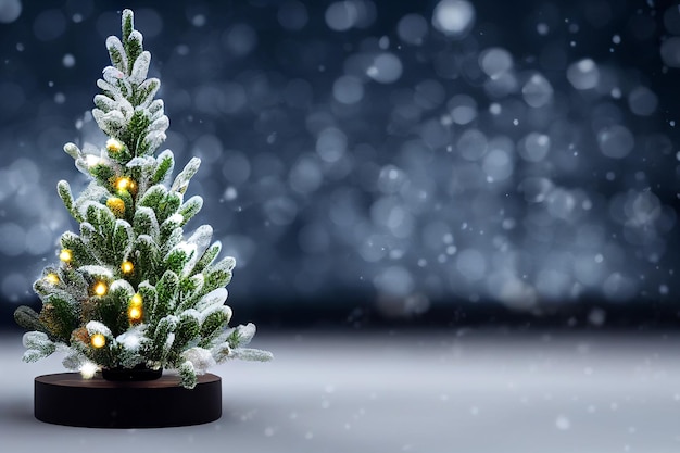 Árbol de navidad con nieve y espacio de copia sobre nevadas bokeh pantalla de fondo de luz borrosa para montaje de producto renderizado 3d