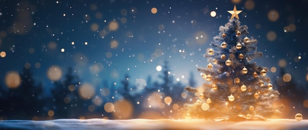 Árbol de Navidad en la nieve con estrellas doradas y fondo bokeh