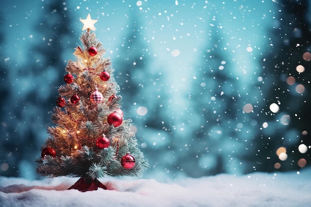 Árbol de Navidad en la nieve con fondo borroso