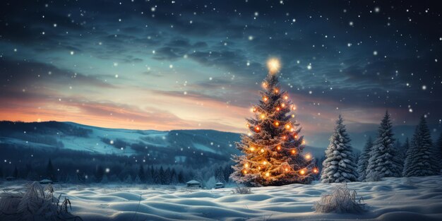 Árbol de Navidad en la nieve con luces borrosas en el fondo