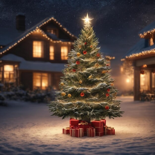 Árbol de Navidad en Nochebuena cielo estrellado invierno