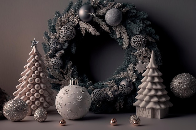 Árbol de Navidad en la parte posterior y cajas de regalo Marco de tarjeta de felicitación de Navidad Tema de vacaciones de Navidad de invierno