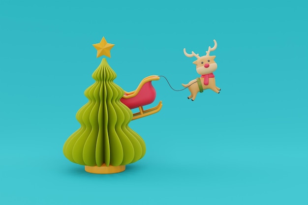 Árbol de navidad con personaje de dibujos animados renos Feliz Navidad y Feliz Año Nuevo 3d renderizado