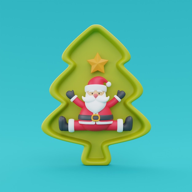 Árbol de navidad con personaje de dibujos animados santa claus Feliz Navidad y Feliz Año Nuevo renderizado 3d