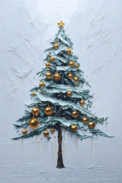 Árbol de Navidad pintado con pinturas al óleo sobre un fondo blanco.