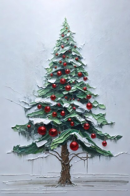 Árbol de Navidad pintado con pinturas al óleo sobre un fondo blanco.