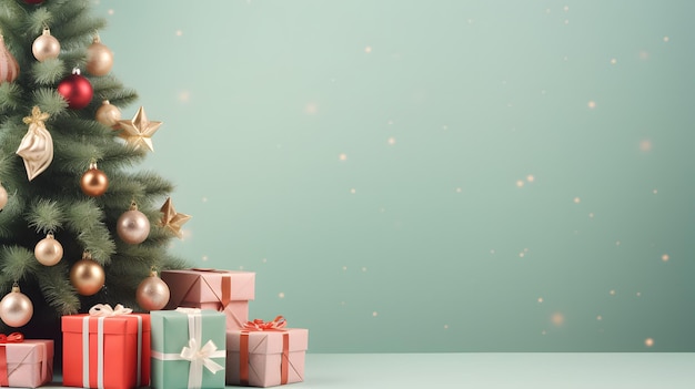 Árbol de Navidad de primer plano decorado con vista frontal de caja de regalo con espacio de copia fondo de luz verde