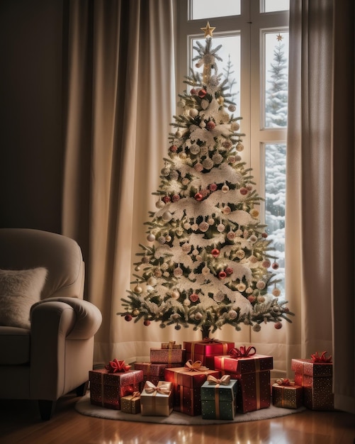 Árbol de Navidad con regalo presente.