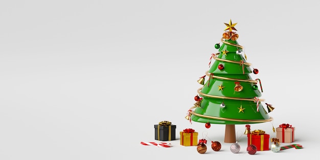 Árbol de Navidad con regalos y adornos navideños render 3d