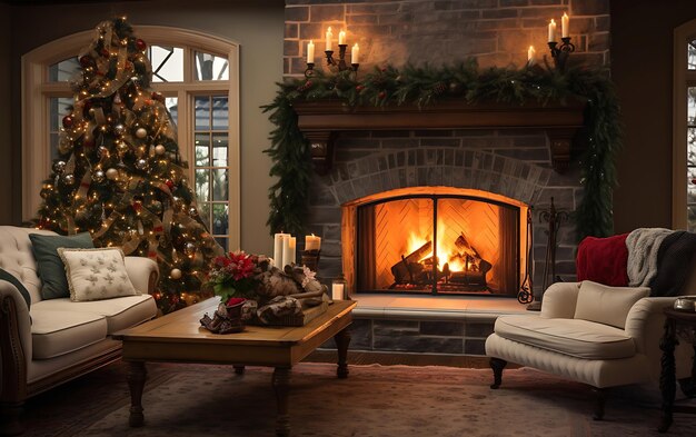 Árbol de Navidad y regalos de Año Nuevo en un interior acogedor con un sofá y chimenea junto a la ventana