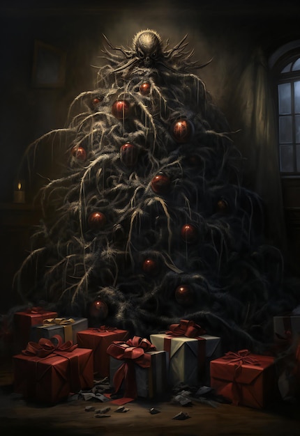 Árbol de navidad con regalos en un cuarto oscuro