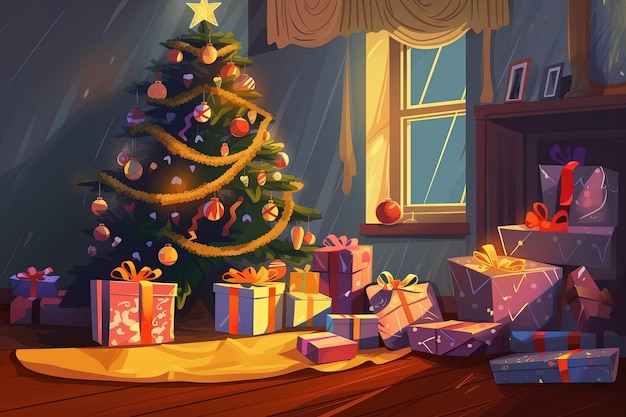 Árbol de navidad y regalos en el estilo de ilustración de la habitación de un estado de ánimo navideño