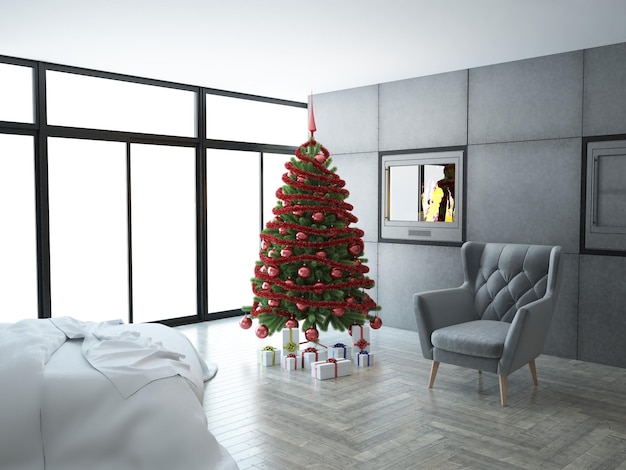 Árbol de Navidad con regalos en habitación con paredes blancas y ventana y sofá