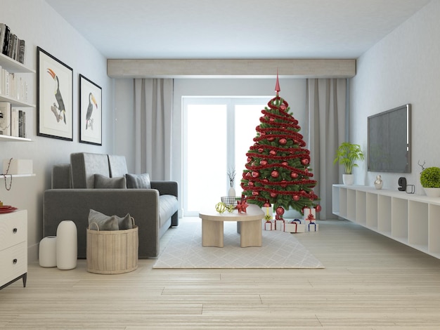 Árbol de Navidad con regalos en habitación con paredes blancas y ventana y sofá