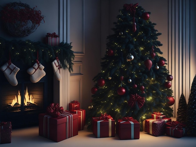 Árbol de Navidad con regalos en el interior clásico ilustración 3d