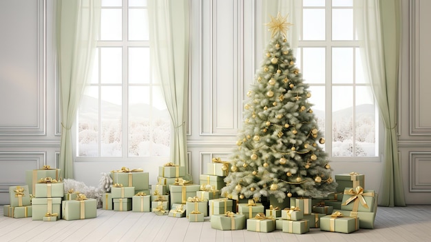 Árbol de Navidad con regalos en la luminosa habitación de la mañana Vacaciones de invierno en un interior luminoso IA generada